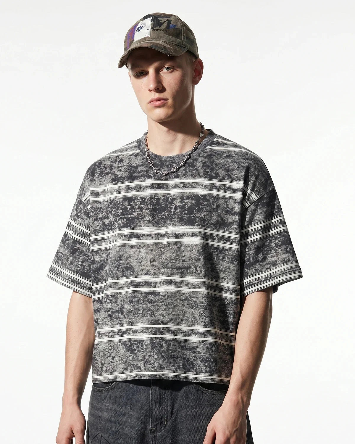 Omygoods Vintage Washed Striped Boxy T-Shirt