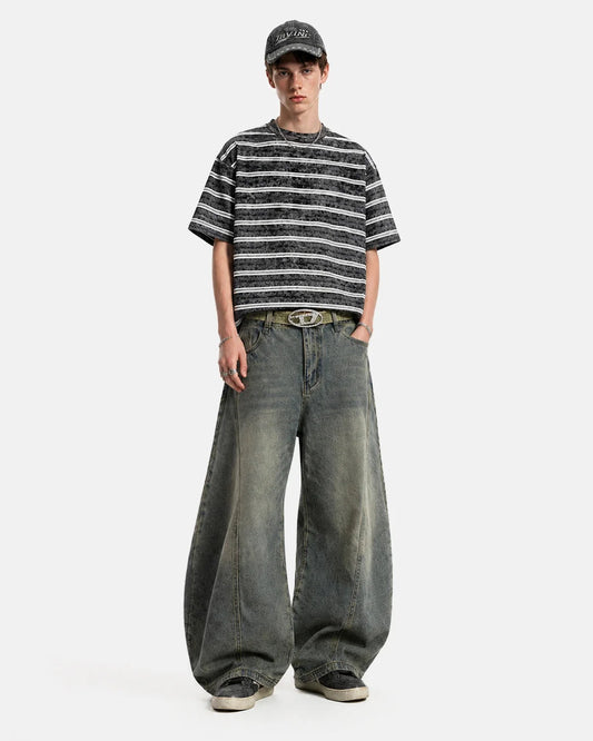 Omygoods Vintage Washed Striped Boxy T-Shirt
