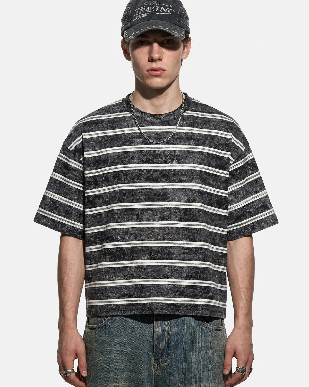 Omygoods Vintage Washed Striped Boxy T-Shirt
