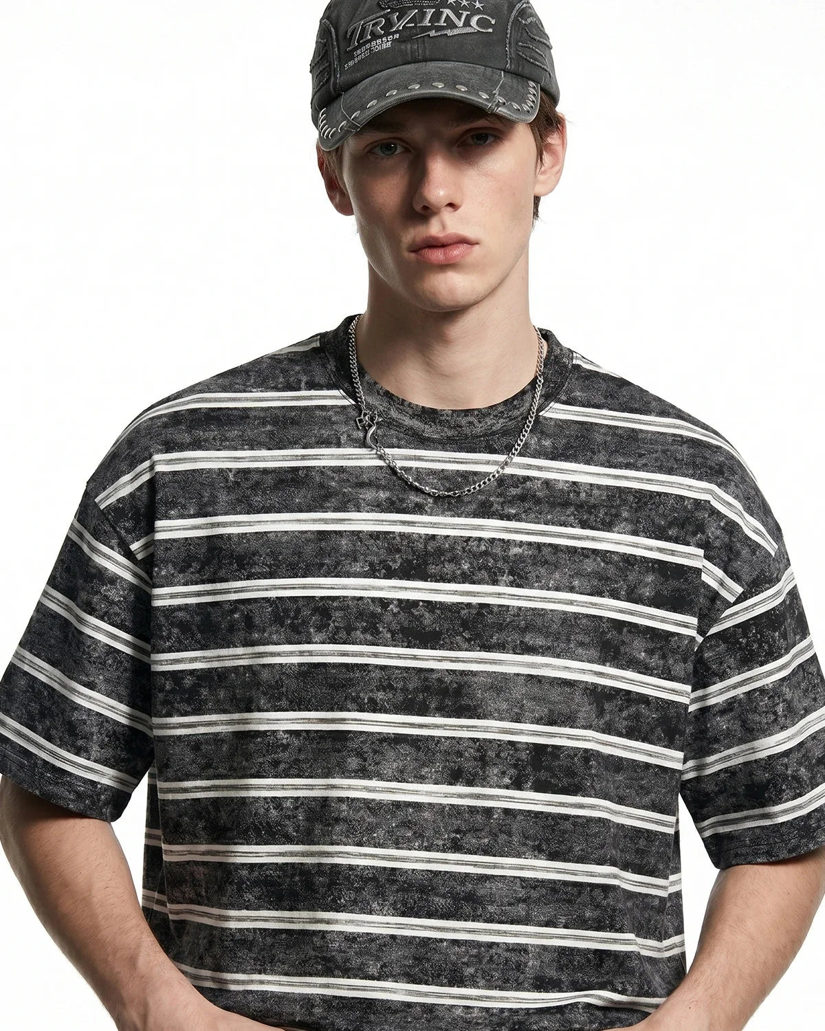 Omygoods Vintage Washed Striped Boxy T-Shirt
