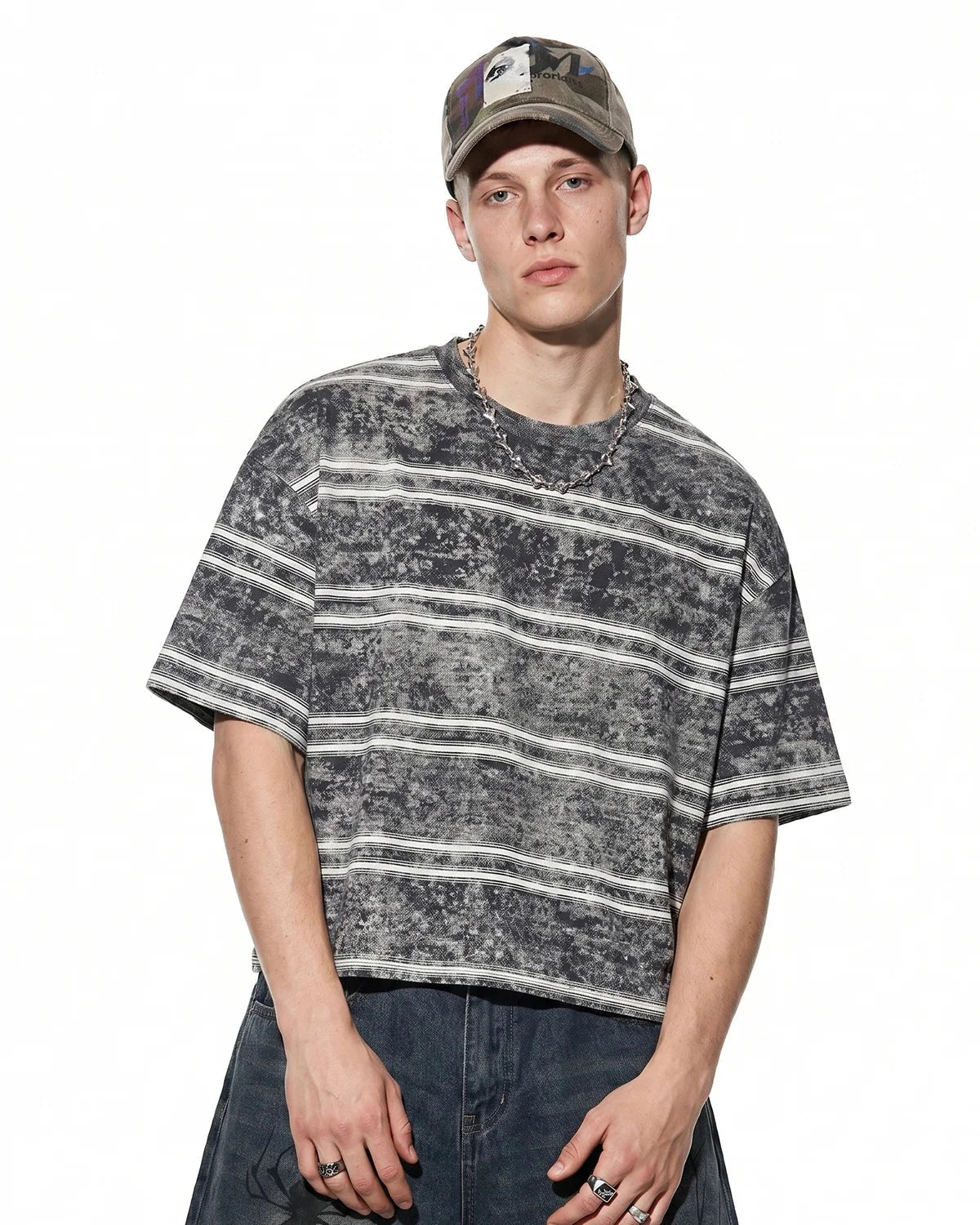 Omygoods Vintage Washed Striped Boxy T-Shirt