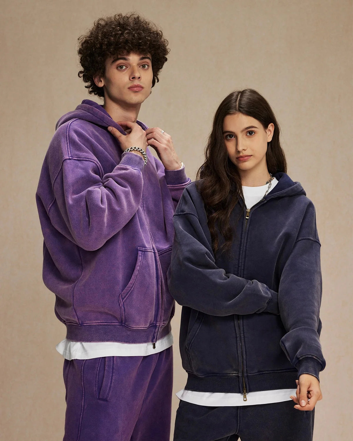 Omygoods Vintage Washed Zip Up Hoodie