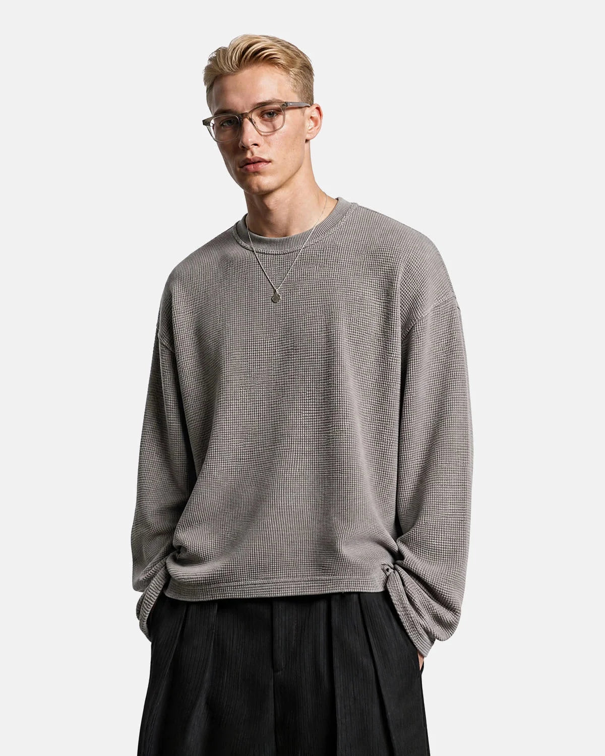 Omygoods Waffle Boxy Long Sleeve T-Shirt
