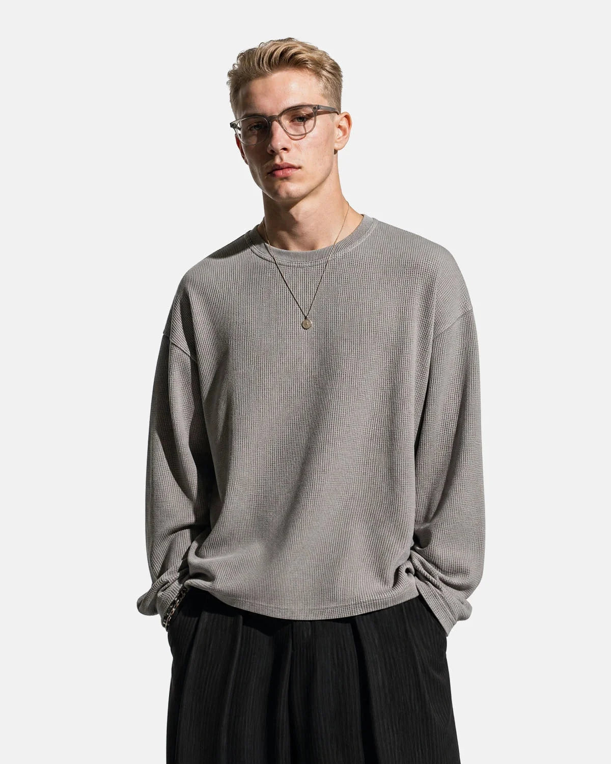 Omygoods Waffle Boxy Long Sleeve T-Shirt