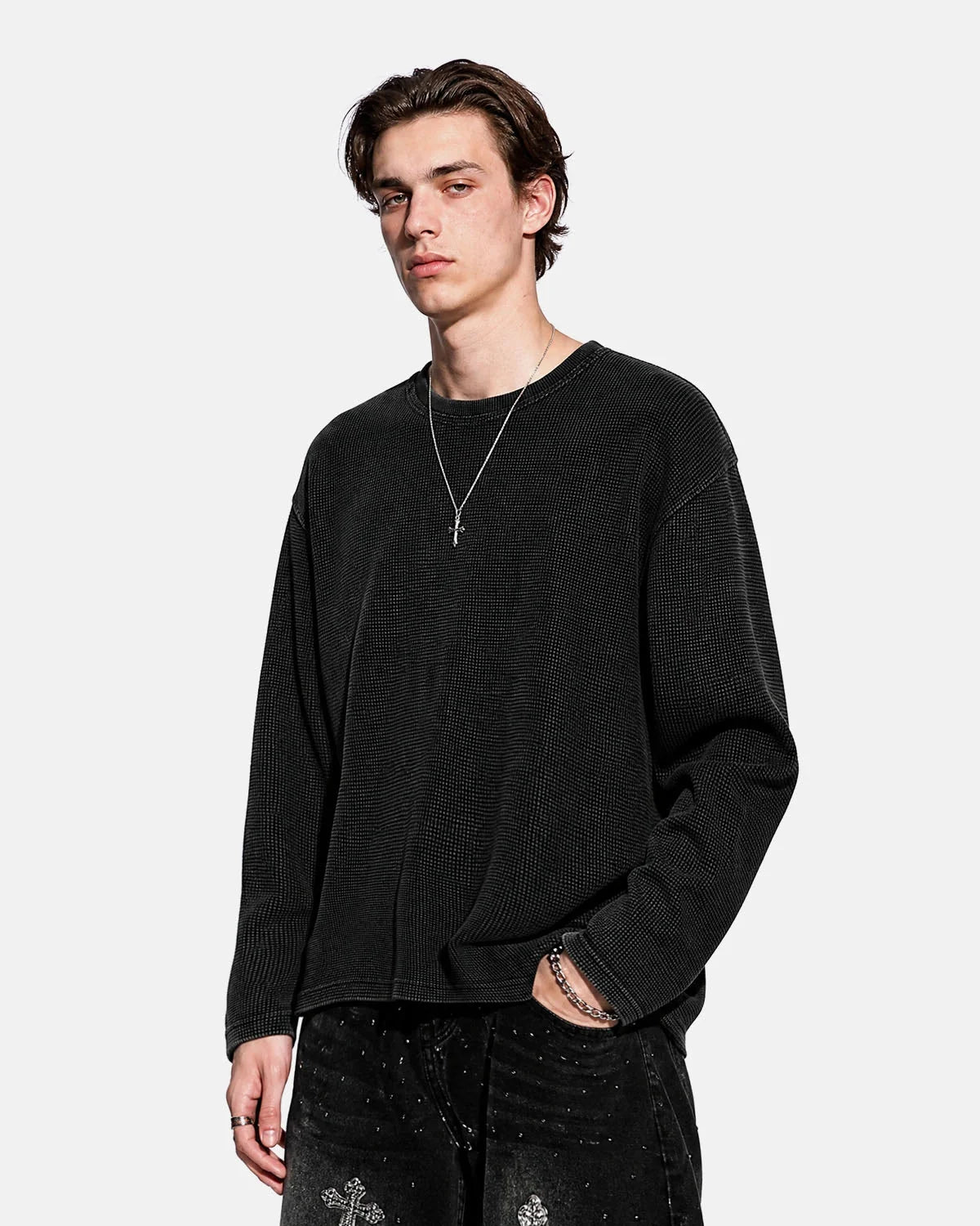 Omygoods Waffle Boxy Long Sleeve T-Shirt