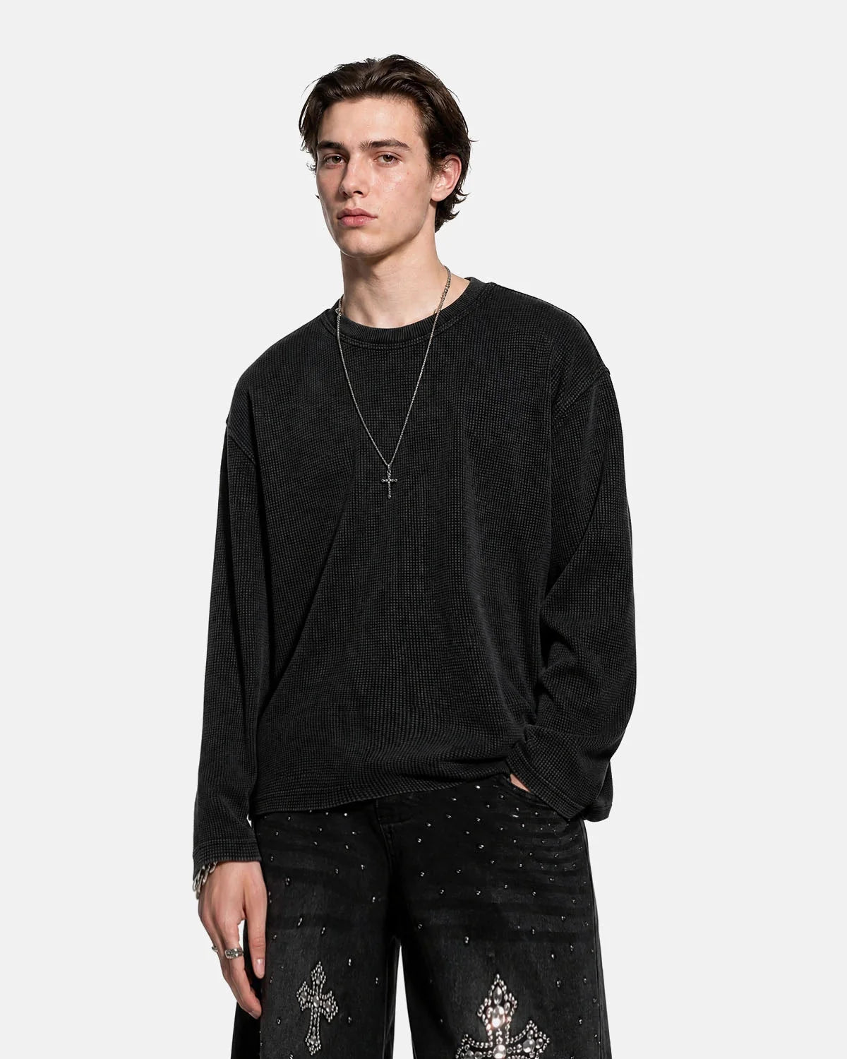 Omygoods Waffle Boxy Long Sleeve T-Shirt