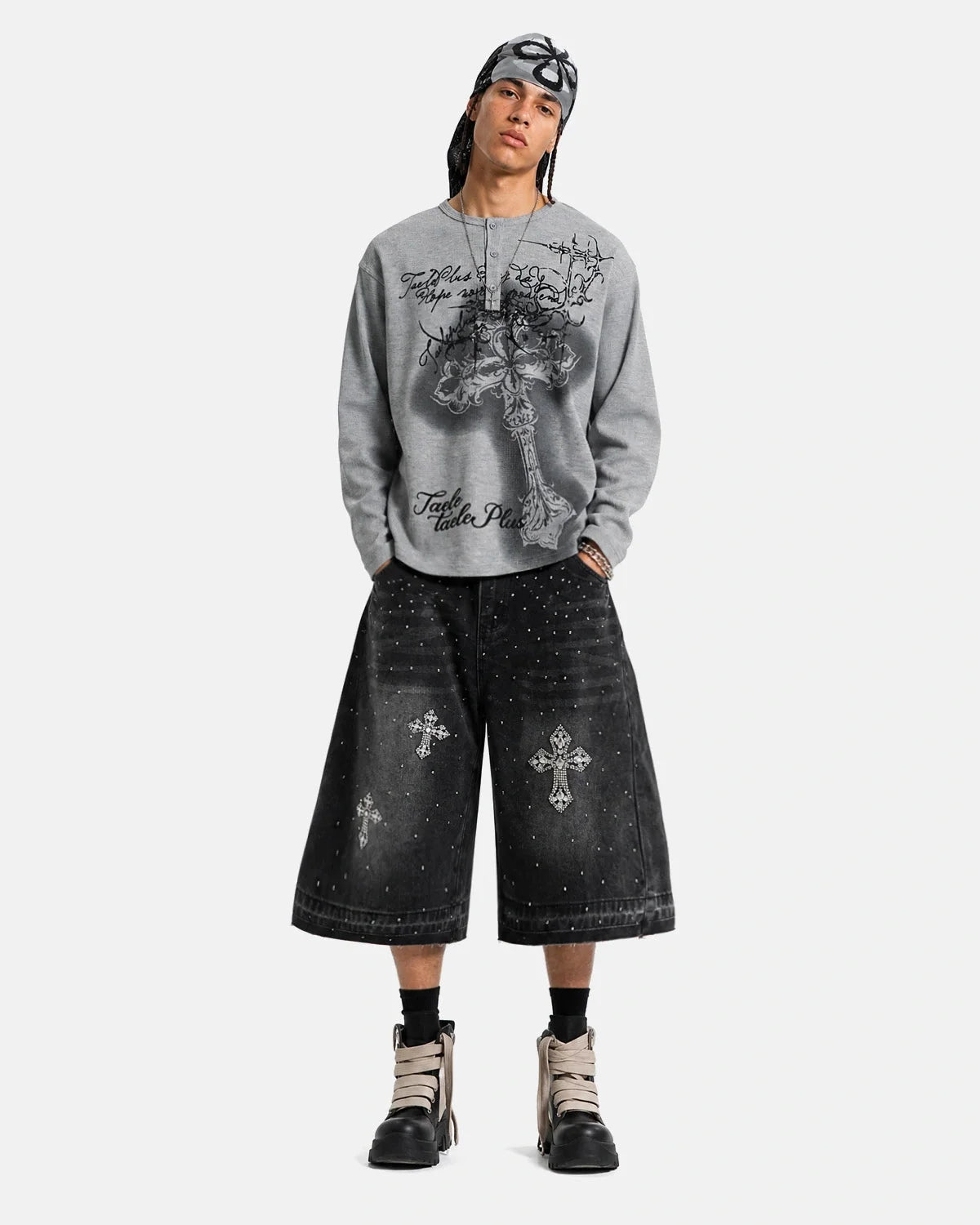 Omygoods Waffle Cross Henley Long Sleeve T-Shirt