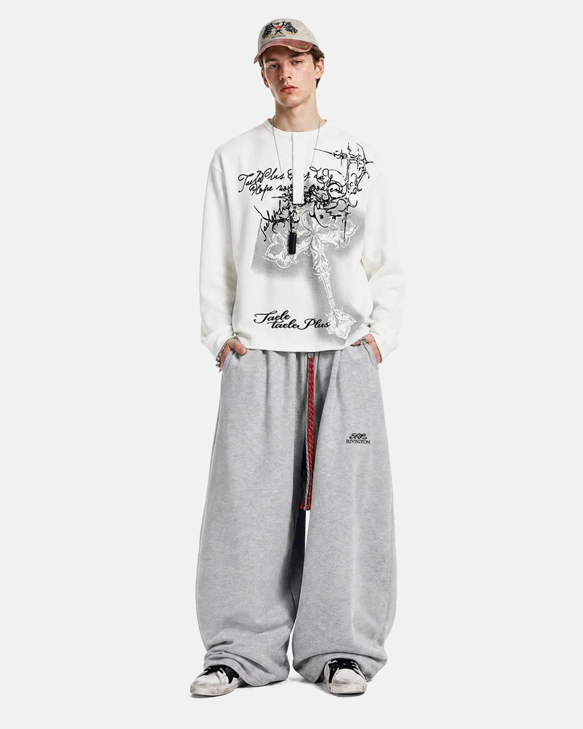 Omygoods Waffle Cross Henley Long Sleeve T-Shirt