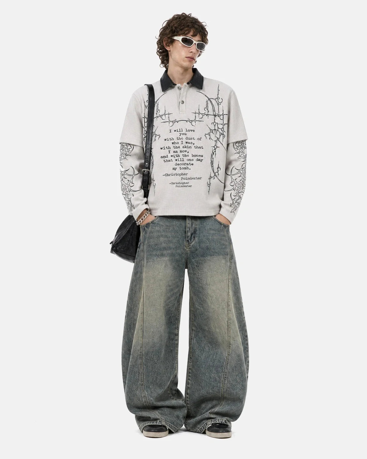 Omygoods Waffle Gothic Graphic Layered Polo Shirt