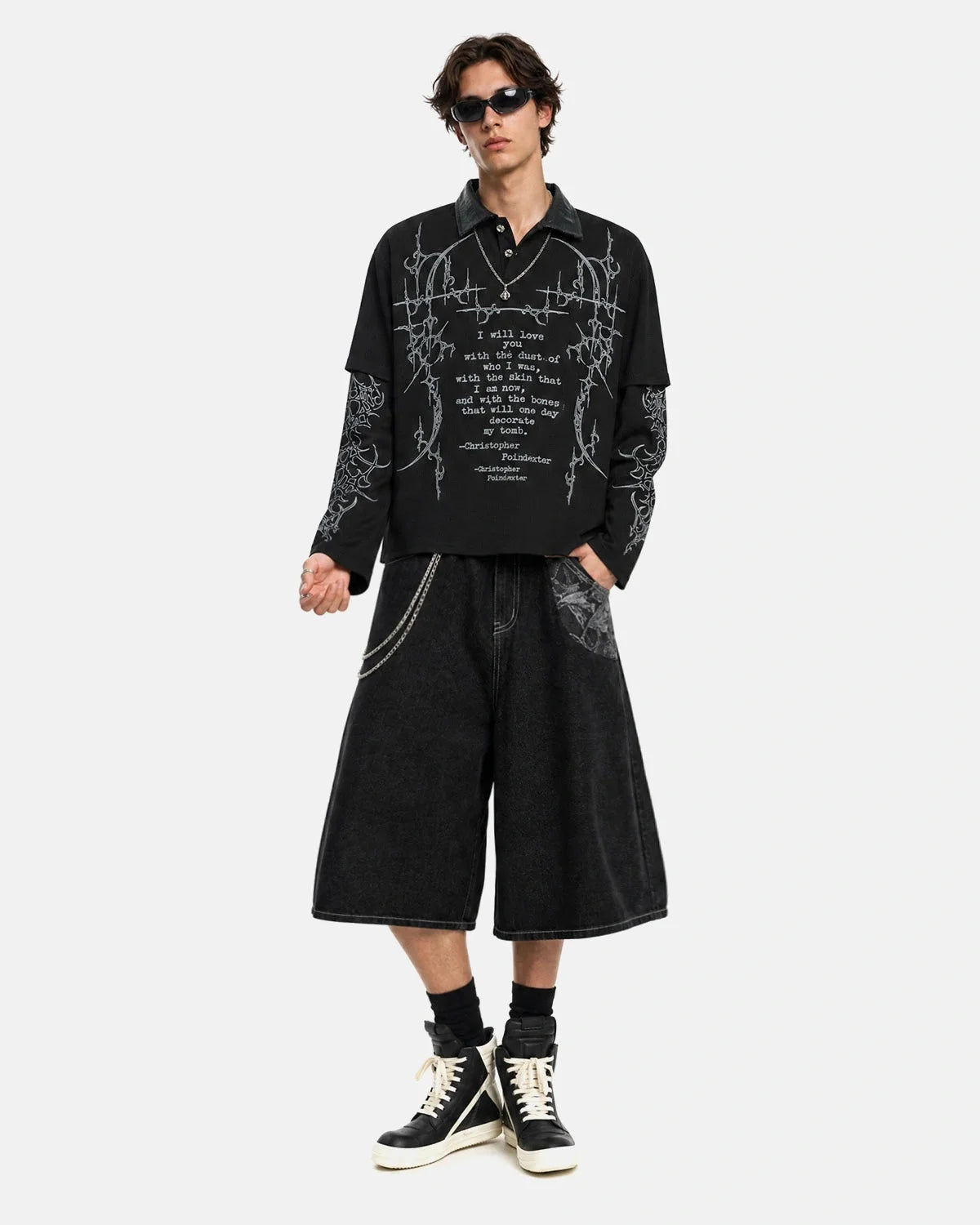 Omygoods Waffle Gothic Graphic Layered Polo Shirt