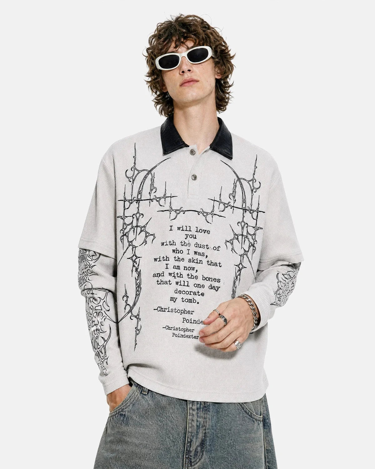 Omygoods Waffle Gothic Graphic Layered Polo Shirt