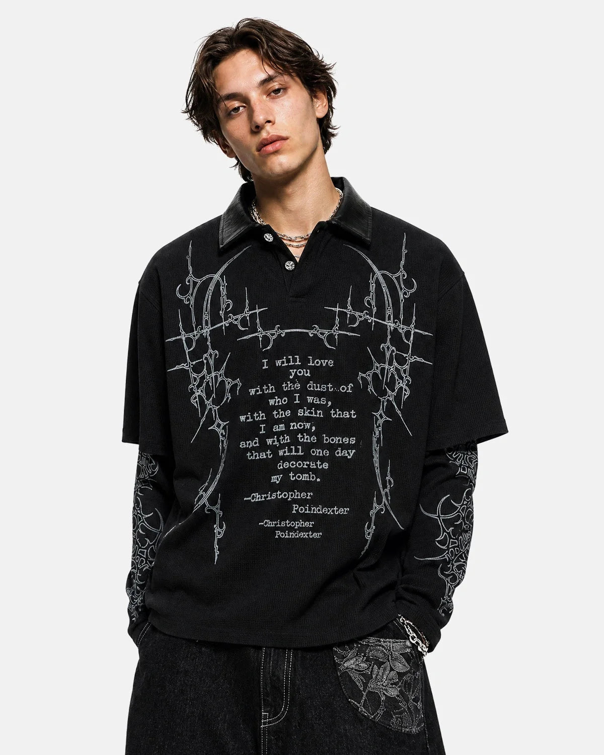 Omygoods Waffle Gothic Graphic Layered Polo Shirt