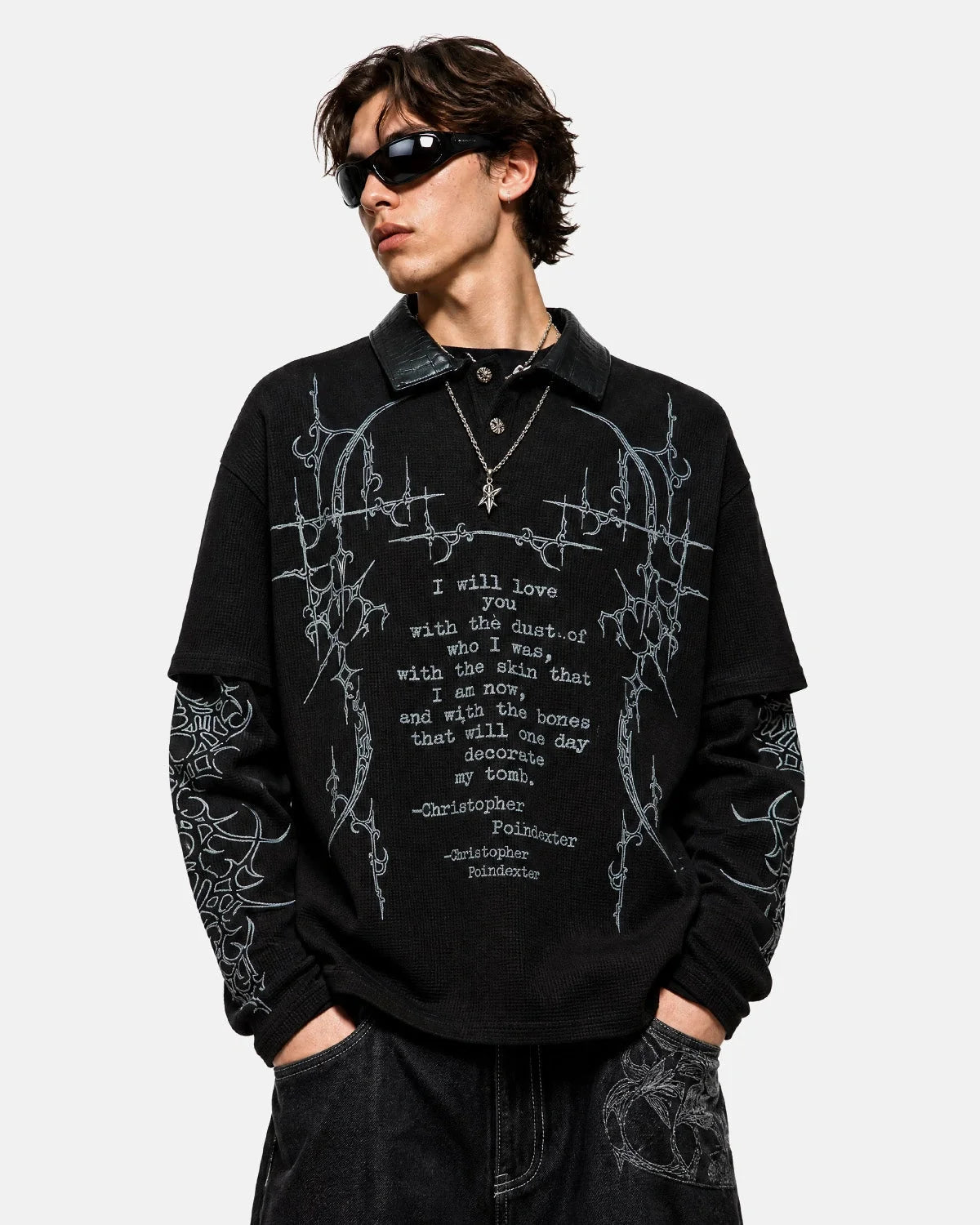 Omygoods Waffle Gothic Graphic Layered Polo Shirt