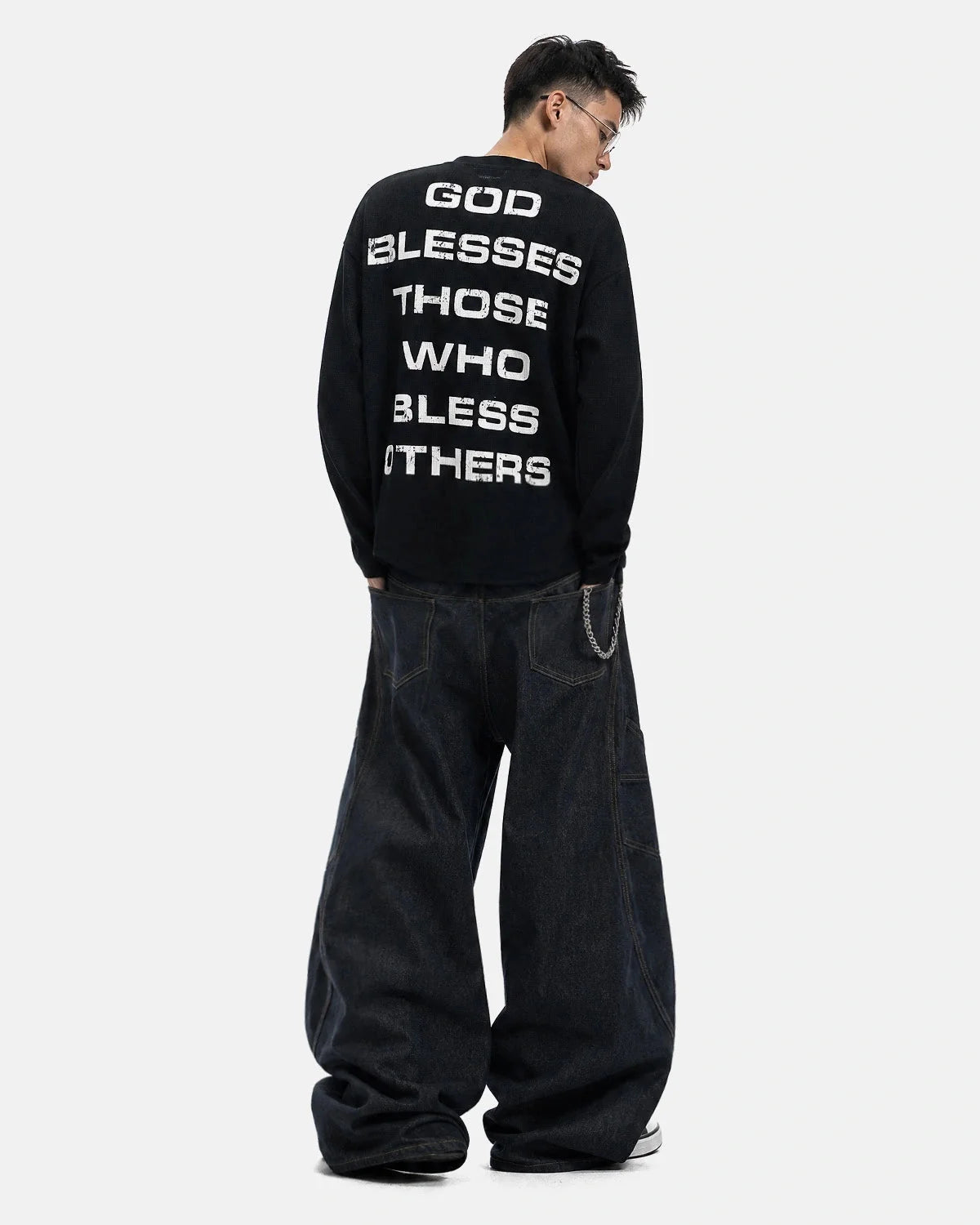 Omygoods Distressed Graphic Waffle Long Sleeve T-Shirt
