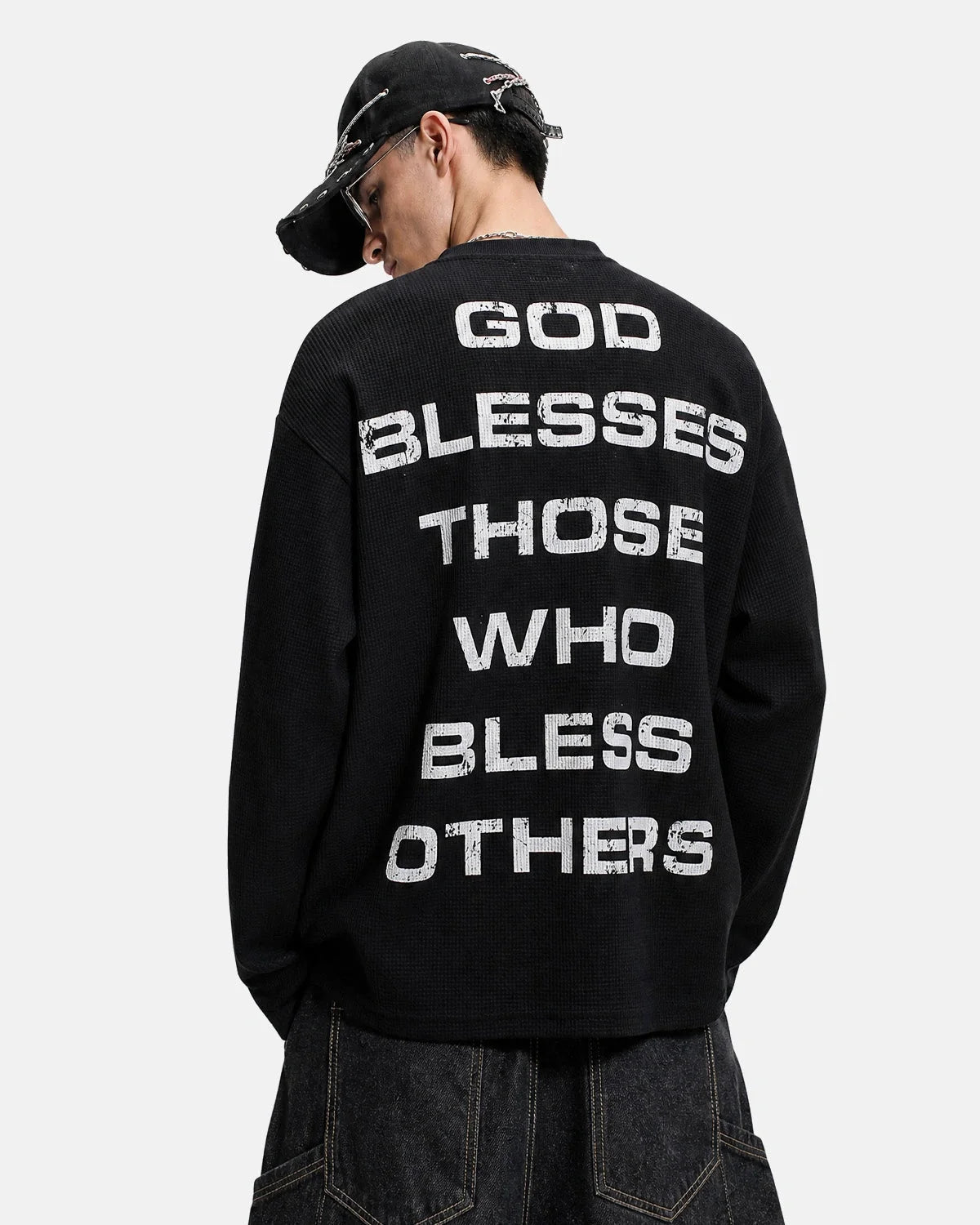 Omygoods Distressed Graphic Waffle Long Sleeve T-Shirt