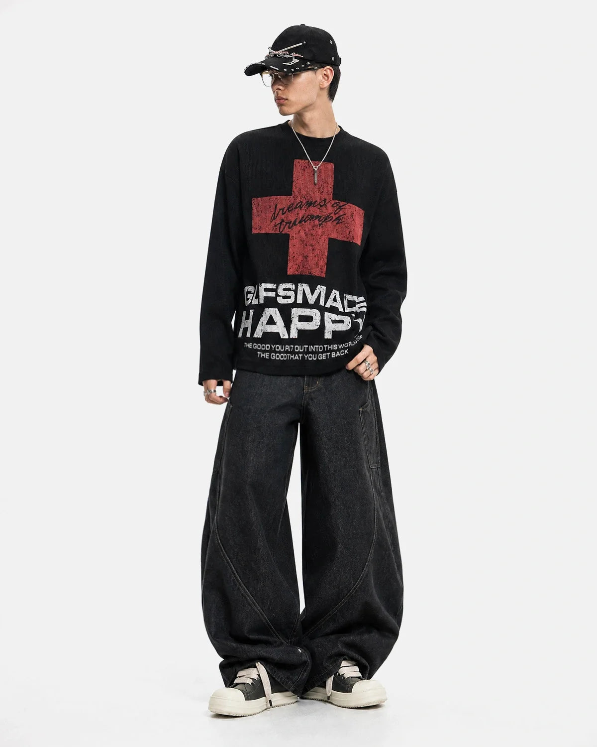 Omygoods Distressed Graphic Waffle Long Sleeve T-Shirt