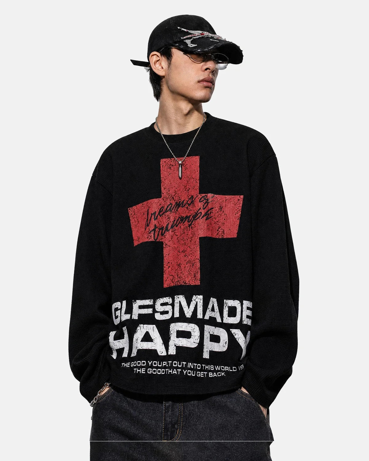 Omygoods Distressed Graphic Waffle Long Sleeve T-Shirt