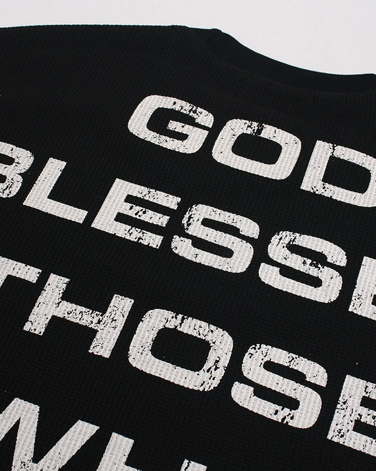 Omygoods Distressed Graphic Waffle Long Sleeve T-Shirt