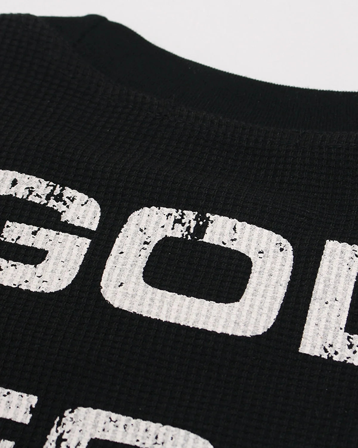 Omygoods Distressed Graphic Waffle Long Sleeve T-Shirt