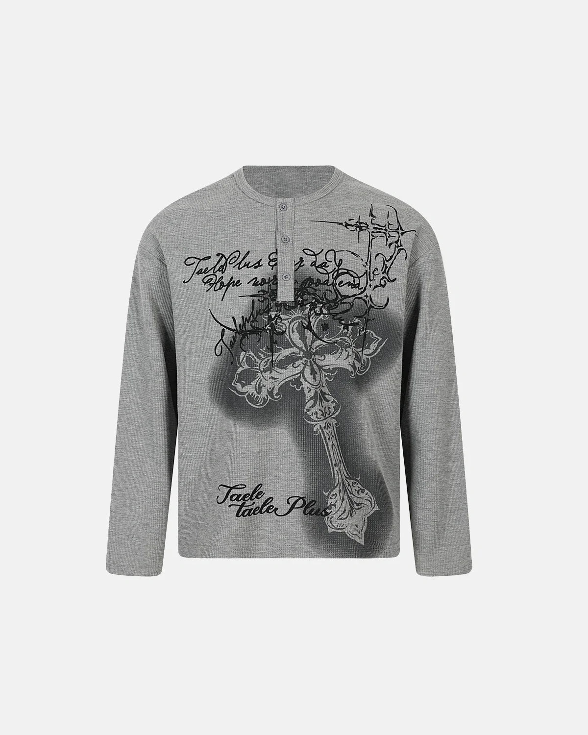 Omygoods Waffle Cross Henley Long Sleeve T-Shirt