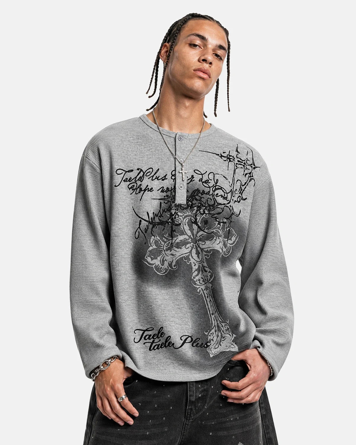 Omygoods Waffle Cross Henley Long Sleeve T-Shirt