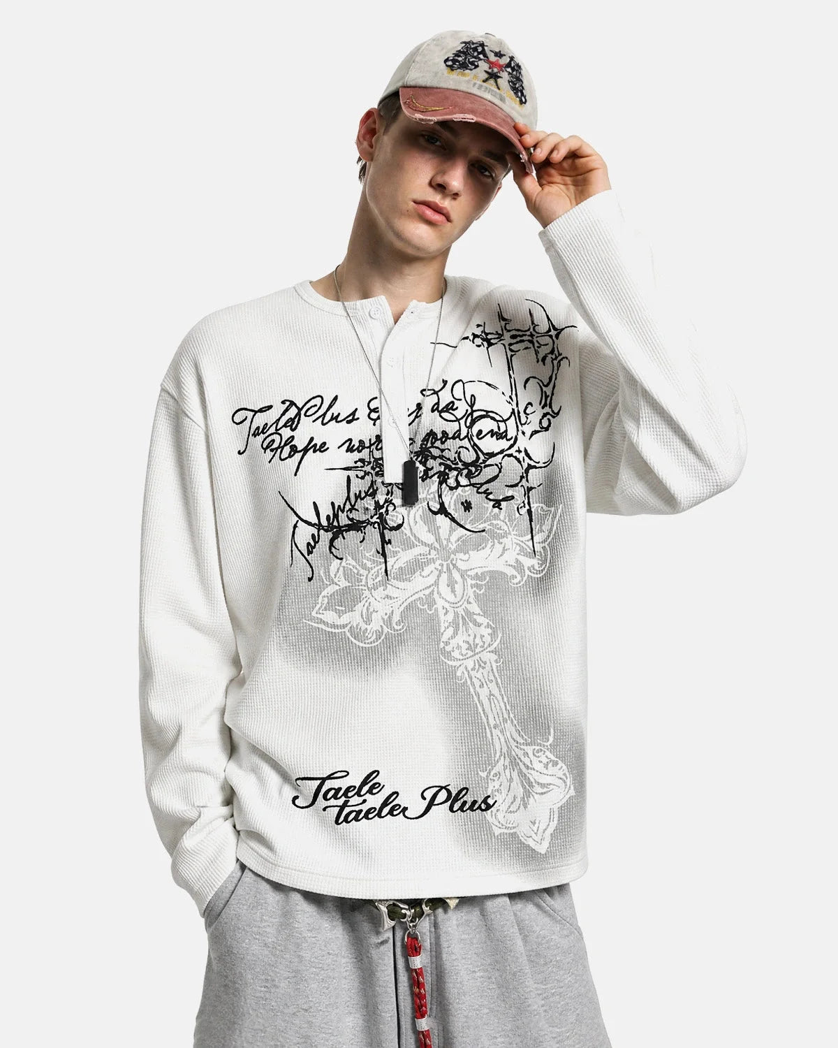 Omygoods Waffle Cross Henley Long Sleeve T-Shirt