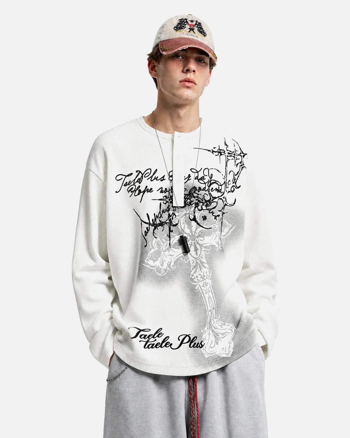Omygoods Waffle Cross Henley Long Sleeve T-Shirt