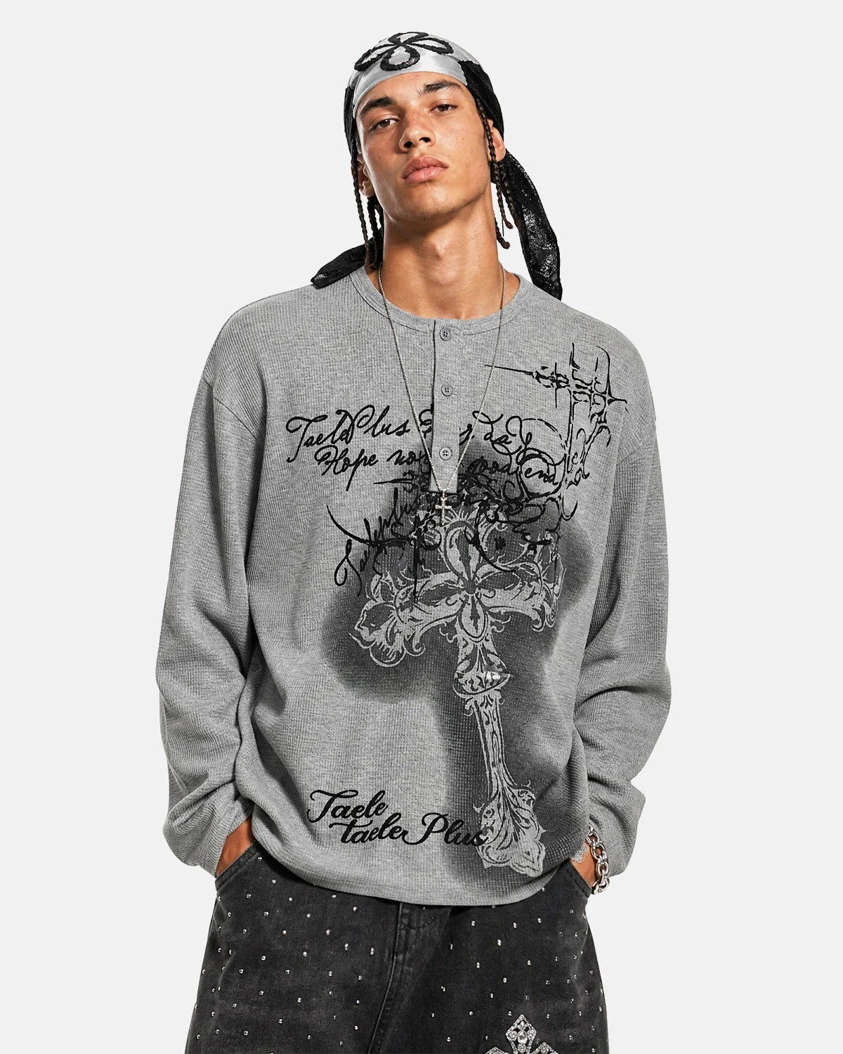 Omygoods Waffle Cross Henley Long Sleeve T-Shirt