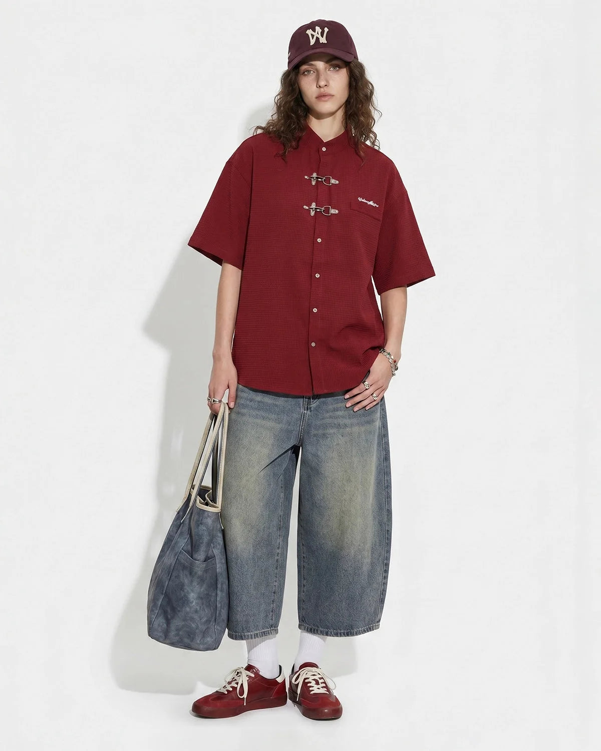 Omygoods Waffle Shirt With Metal Clasp Detail