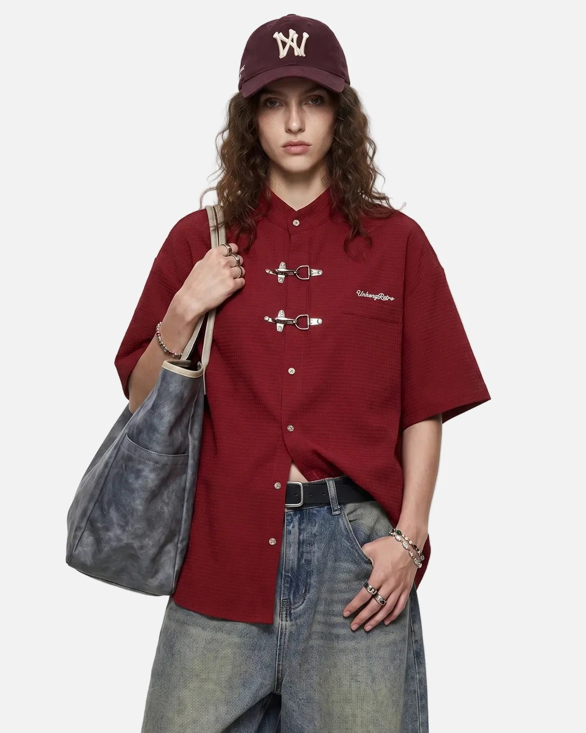 Omygoods Waffle Shirt With Metal Clasp Detail
