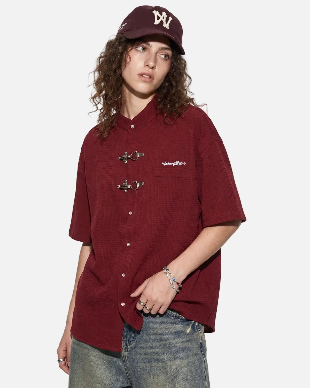 Omygoods Waffle Shirt With Metal Clasp Detail