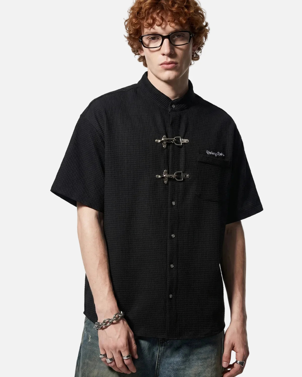 Omygoods Waffle Shirt With Metal Clasp Detail