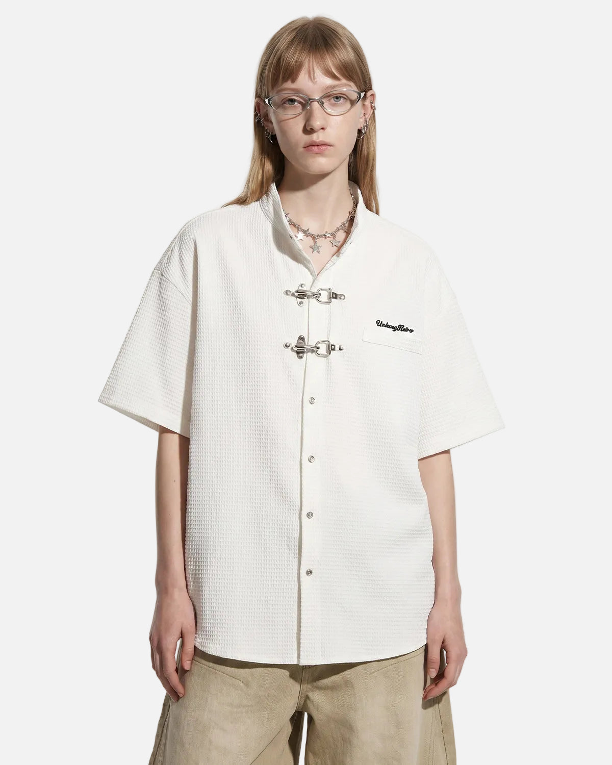 Omygoods Waffle Shirt With Metal Clasp Detail