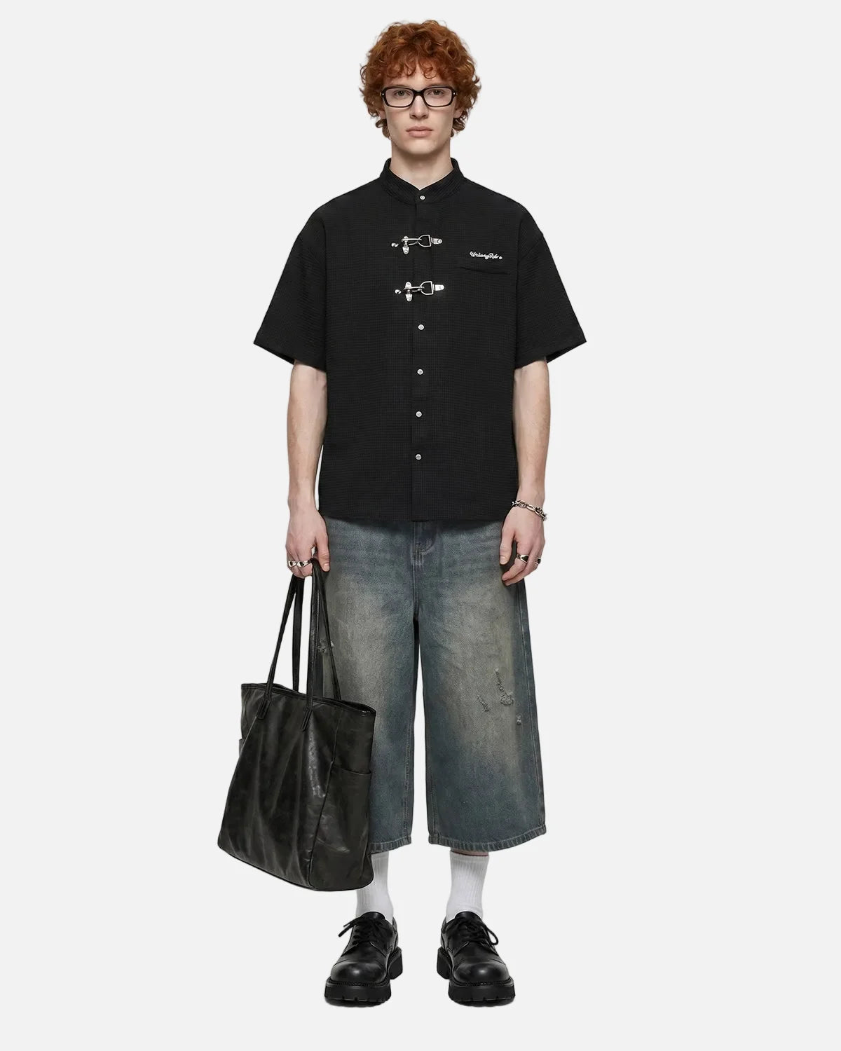 Omygoods Waffle Shirt With Metal Clasp Detail