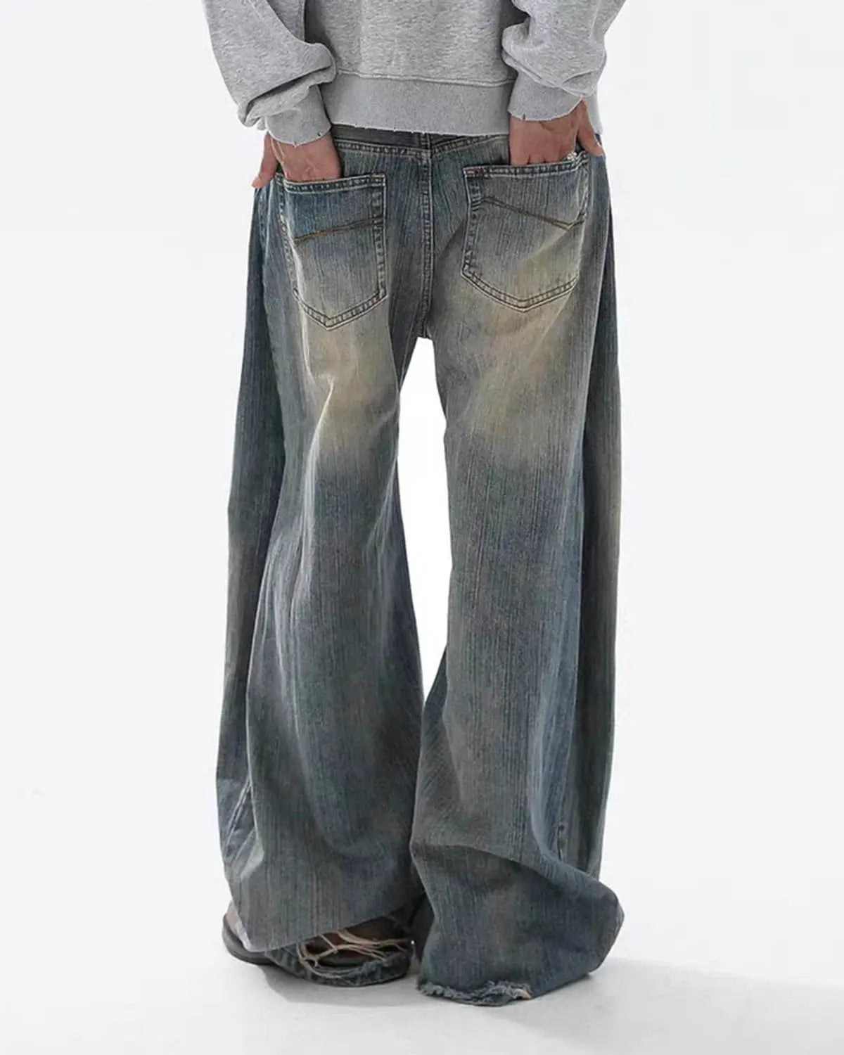 Omygoods Washed Bamboo Weave Baggy Bootcut Jeans