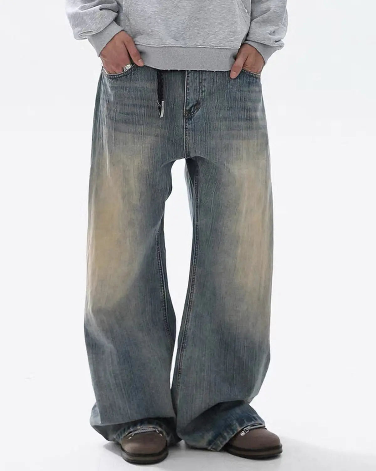 Omygoods Washed Bamboo Weave Baggy Bootcut Jeans
