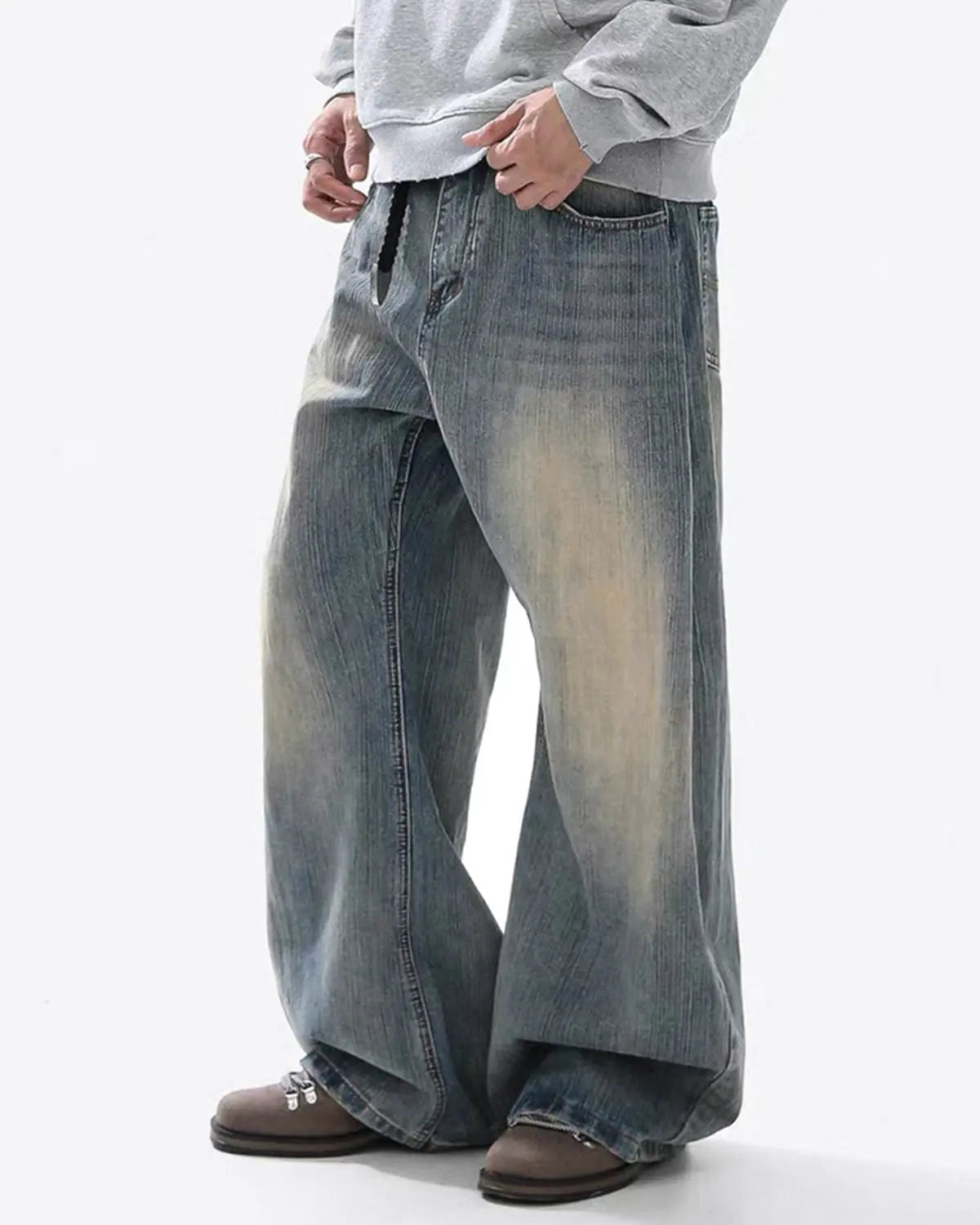 Omygoods Washed Bamboo Weave Baggy Bootcut Jeans