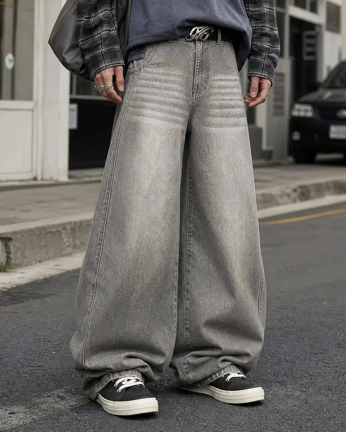 Omygoods Washed Barrel Baggy Jeans