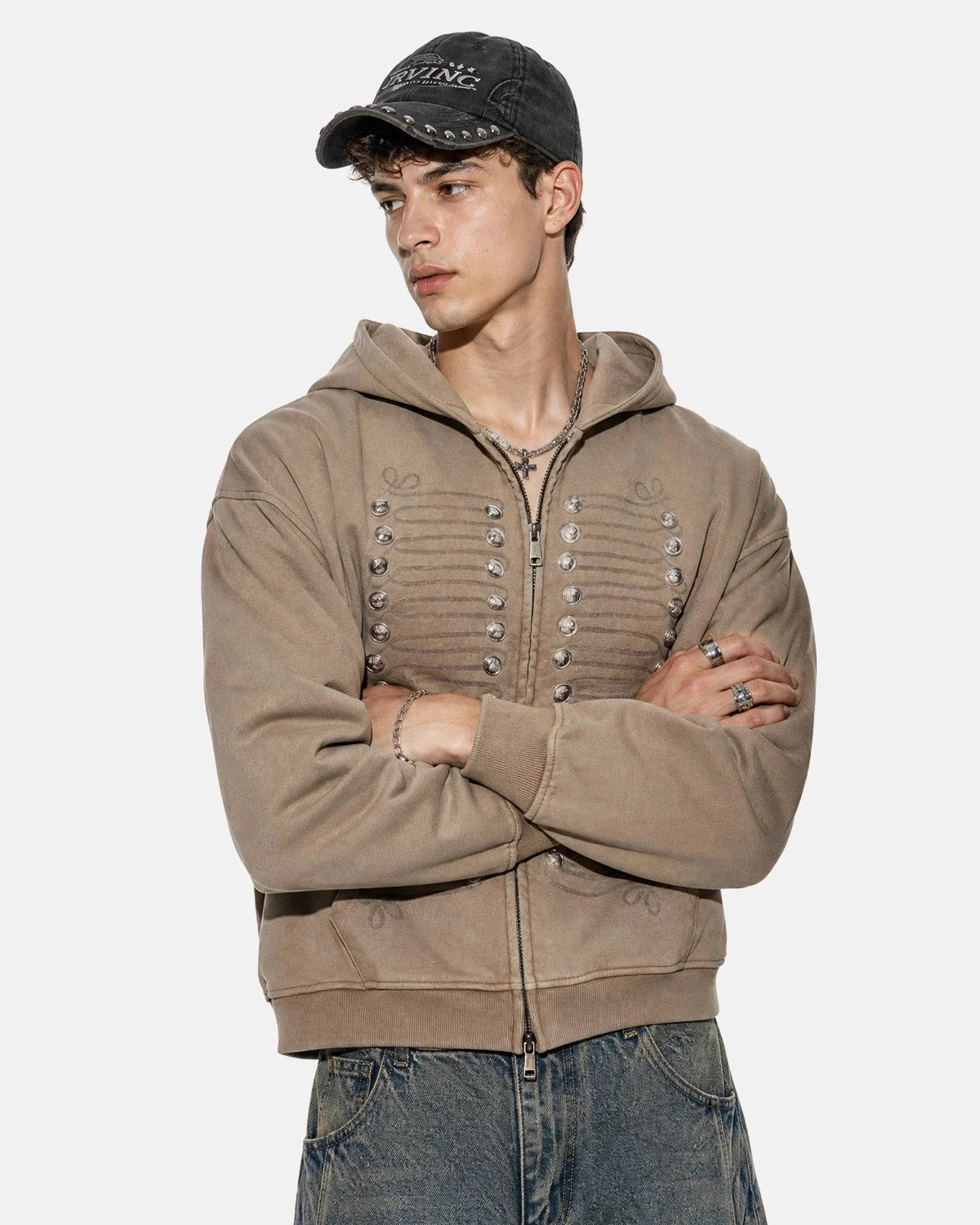 Omygoods Washed Braided Cord Boxy Zip Up Hoodie