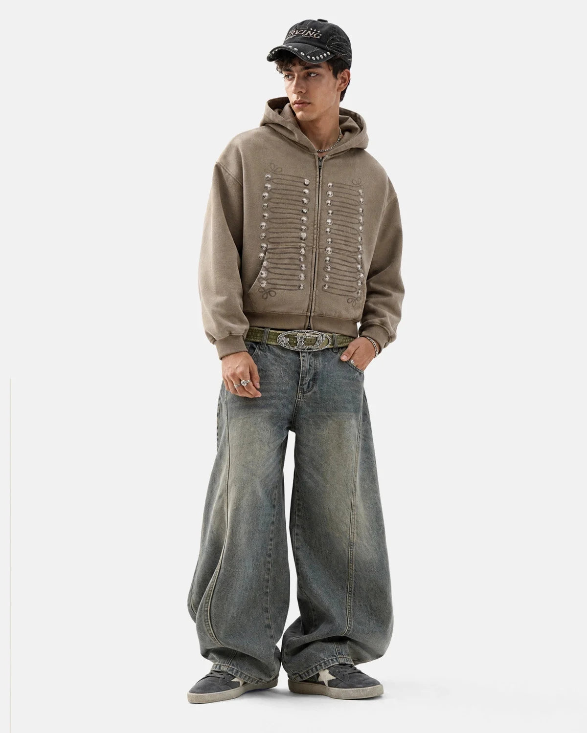 Omygoods Washed Braided Cord Boxy Zip Up Hoodie