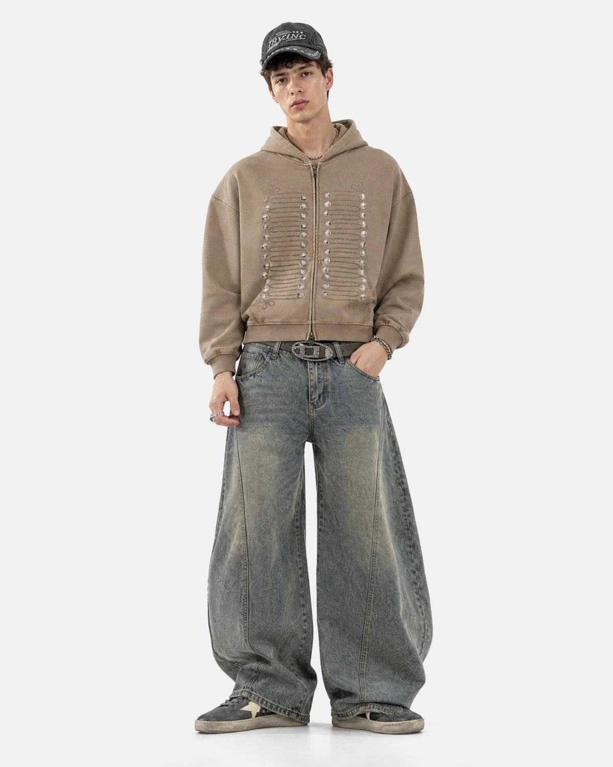 Omygoods Washed Braided Cord Boxy Zip Up Hoodie