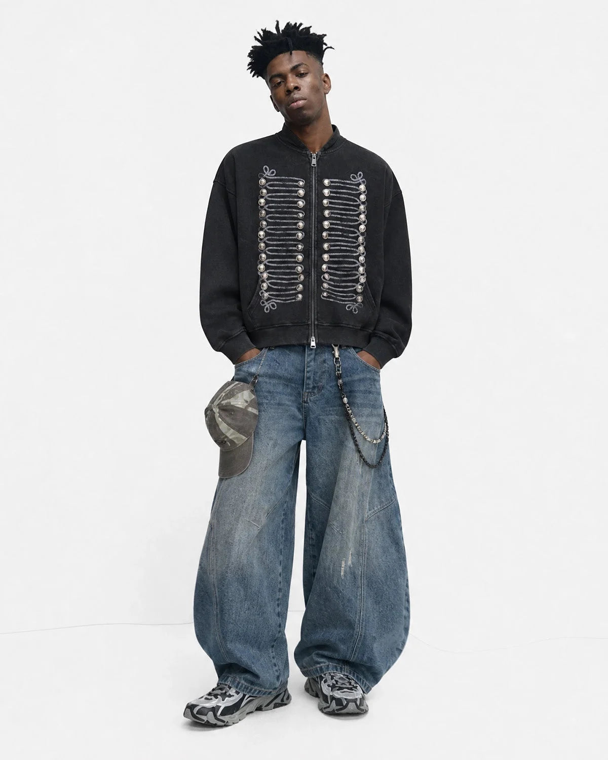 Omygoods Washed Braided Cord Boxy Zip Up Hoodie