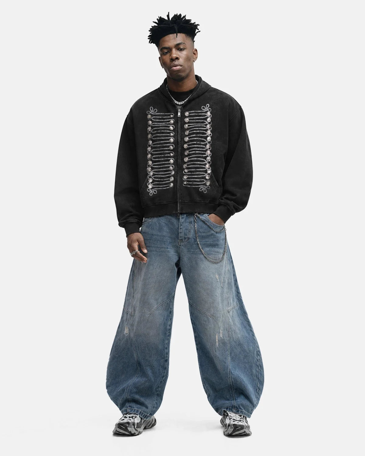 Omygoods Washed Braided Cord Boxy Zip Up Hoodie