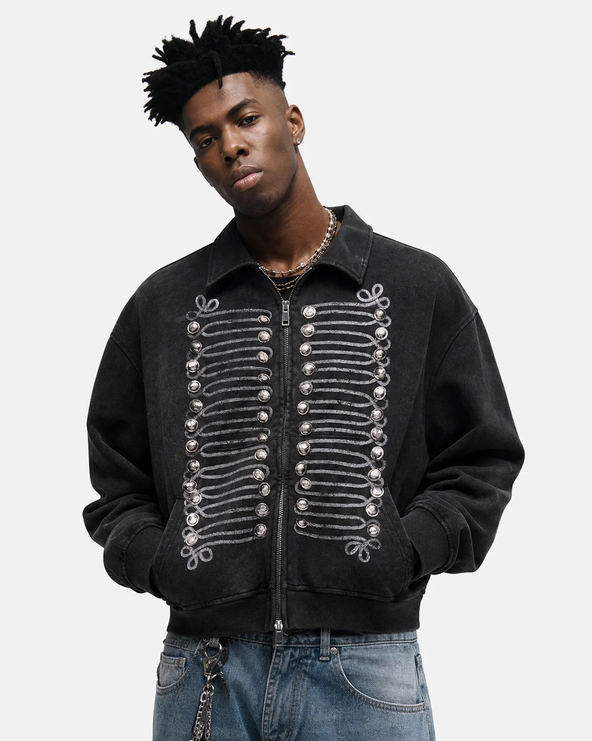 Omygoods Washed Braided Cord Boxy Zip Up Hoodie