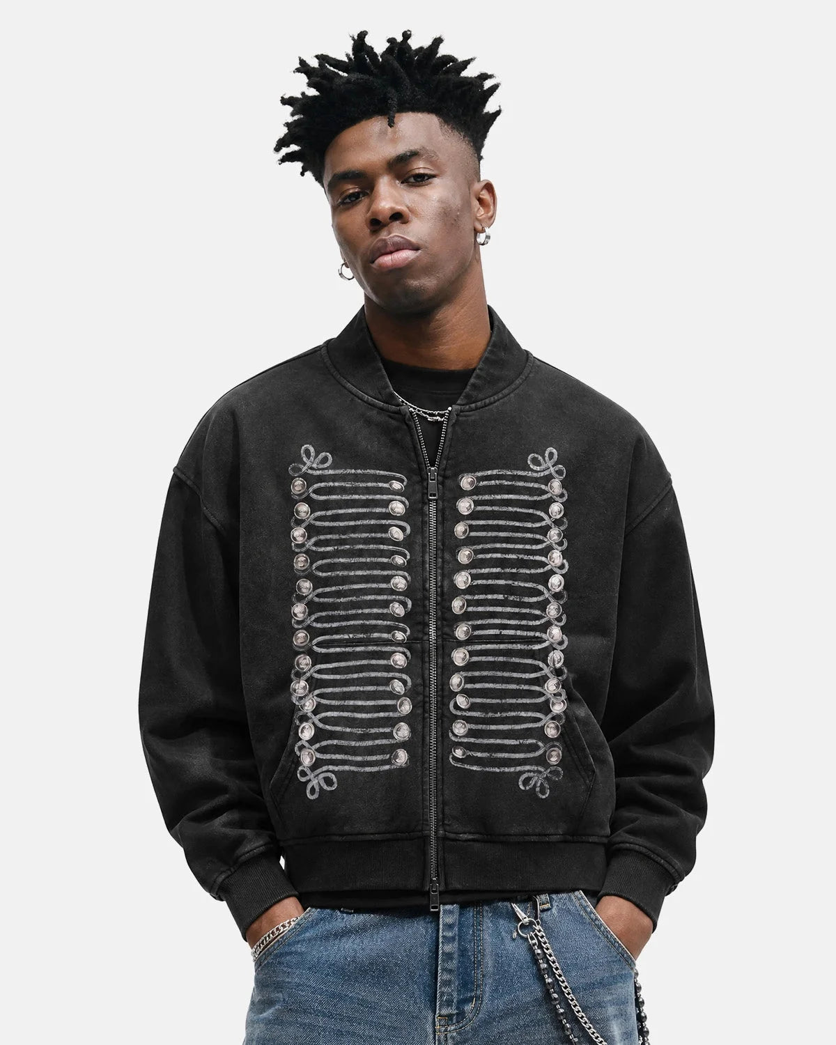 Omygoods Washed Braided Cord Boxy Zip Up Hoodie