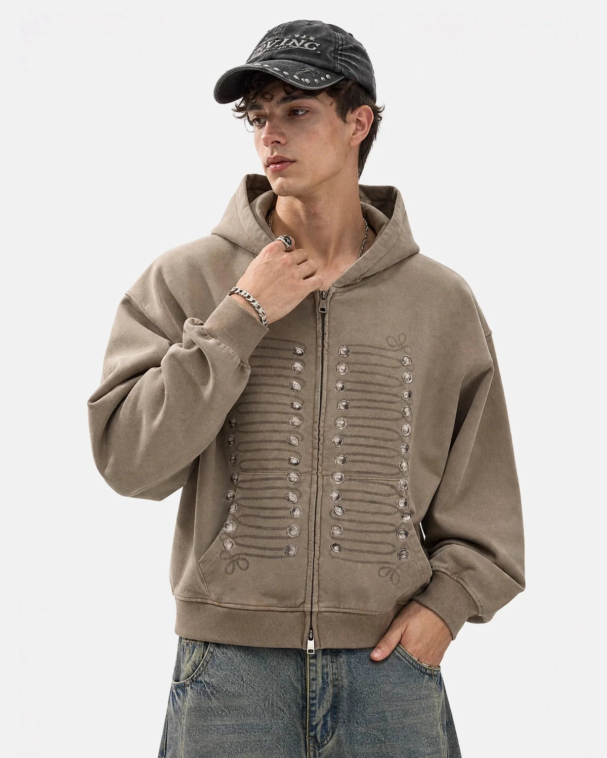 Omygoods Washed Braided Cord Boxy Zip Up Hoodie