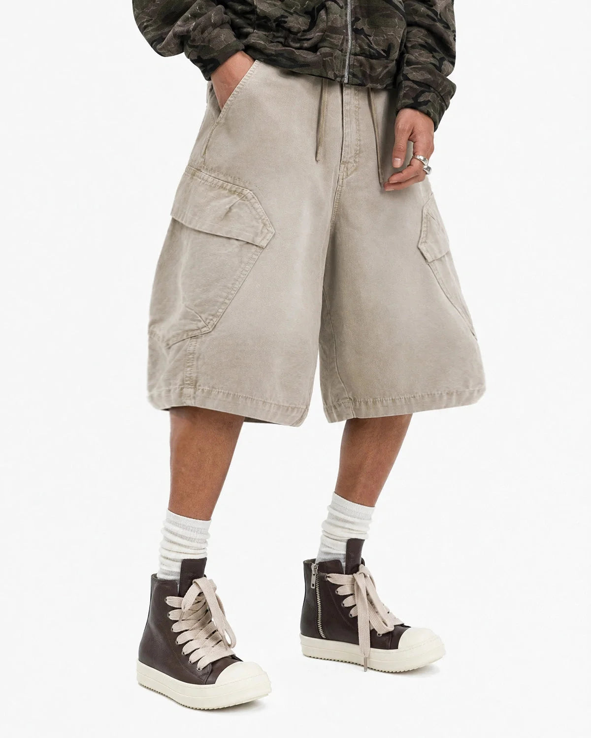 Omygoods Washed Cargo Shorts Utility Pockets