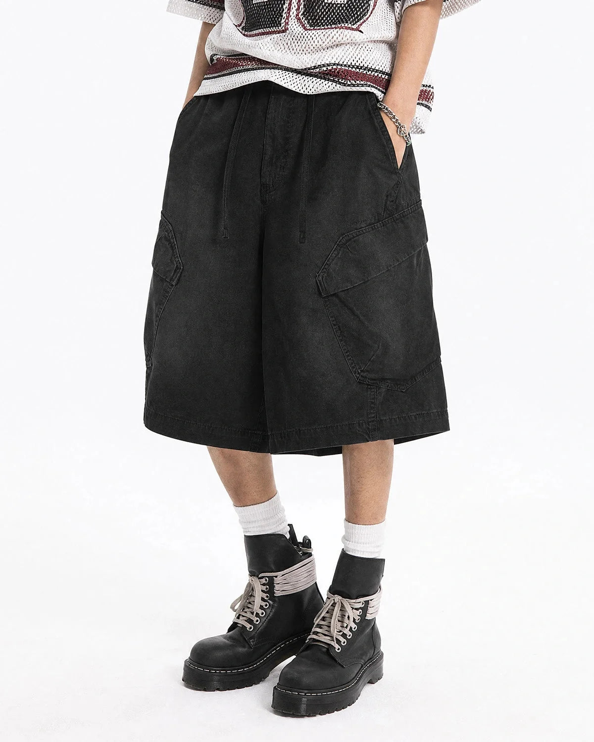 Omygoods Washed Cargo Shorts Utility Pockets