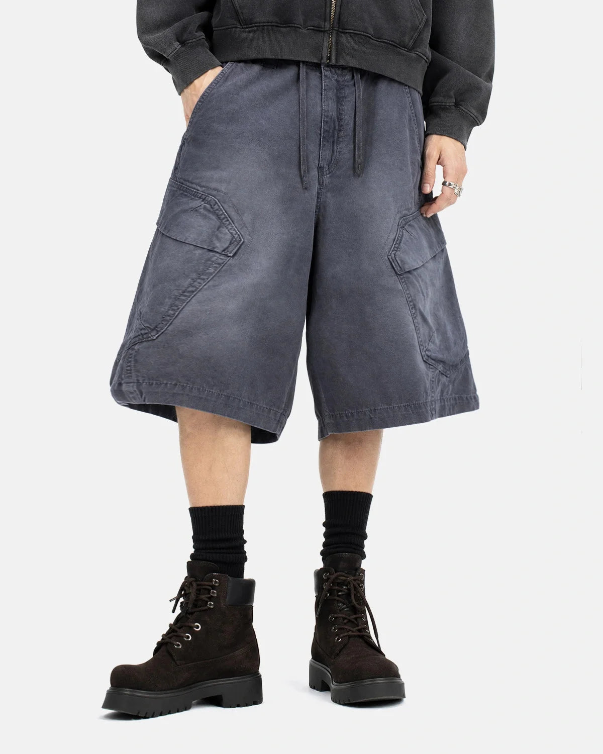 Omygoods Washed Cargo Shorts Utility Pockets
