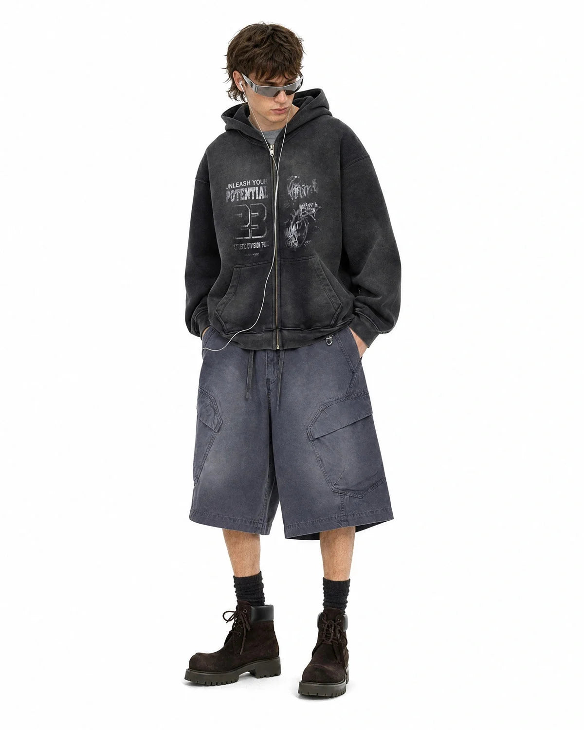 Omygoods Washed Cargo Shorts Utility Pockets